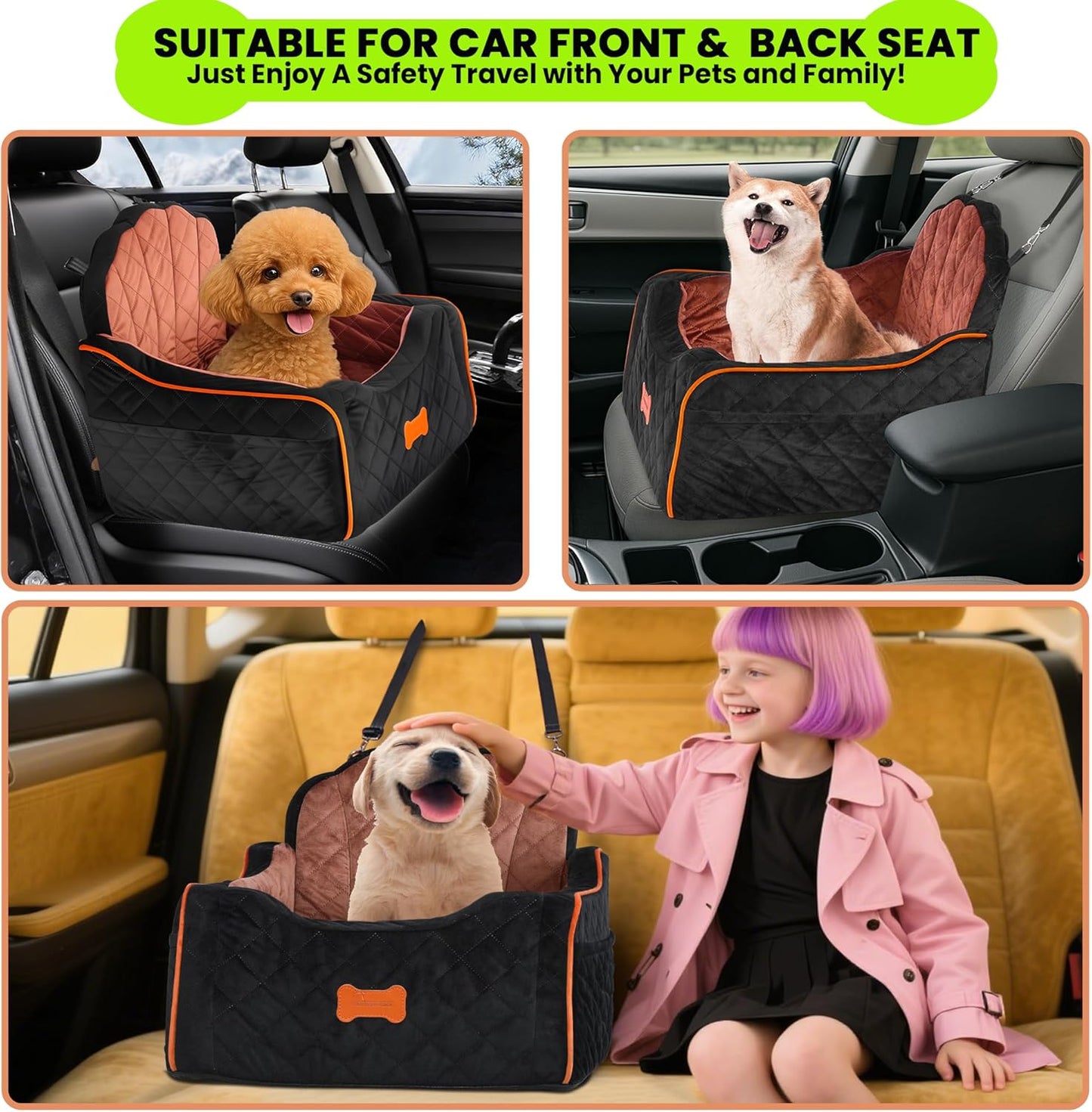 Dog Car Seat for Small Dogs Under 30lbs, Detachable Washable Pet Booster Seat with Safety Belt & Storage Pockets, Travel Car Bed, Black/Brown