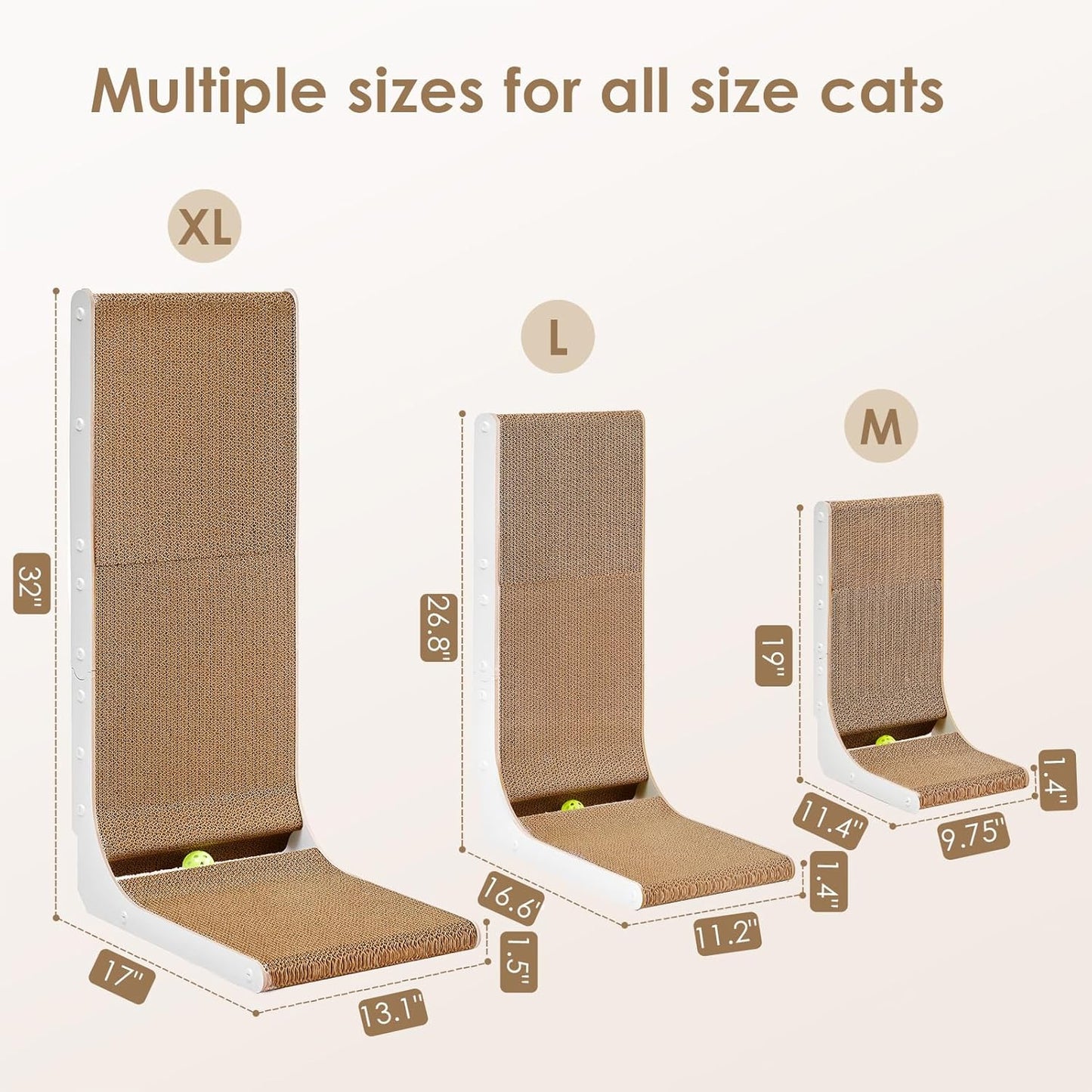 EHEYCIGA Cardboard Cat Scratcher for Indoor Kitten Cats, 19 Inch L Shaped Vertical Cat Scratching Board with Ball Cat Toy, Small Cat Scratcher Pad, White