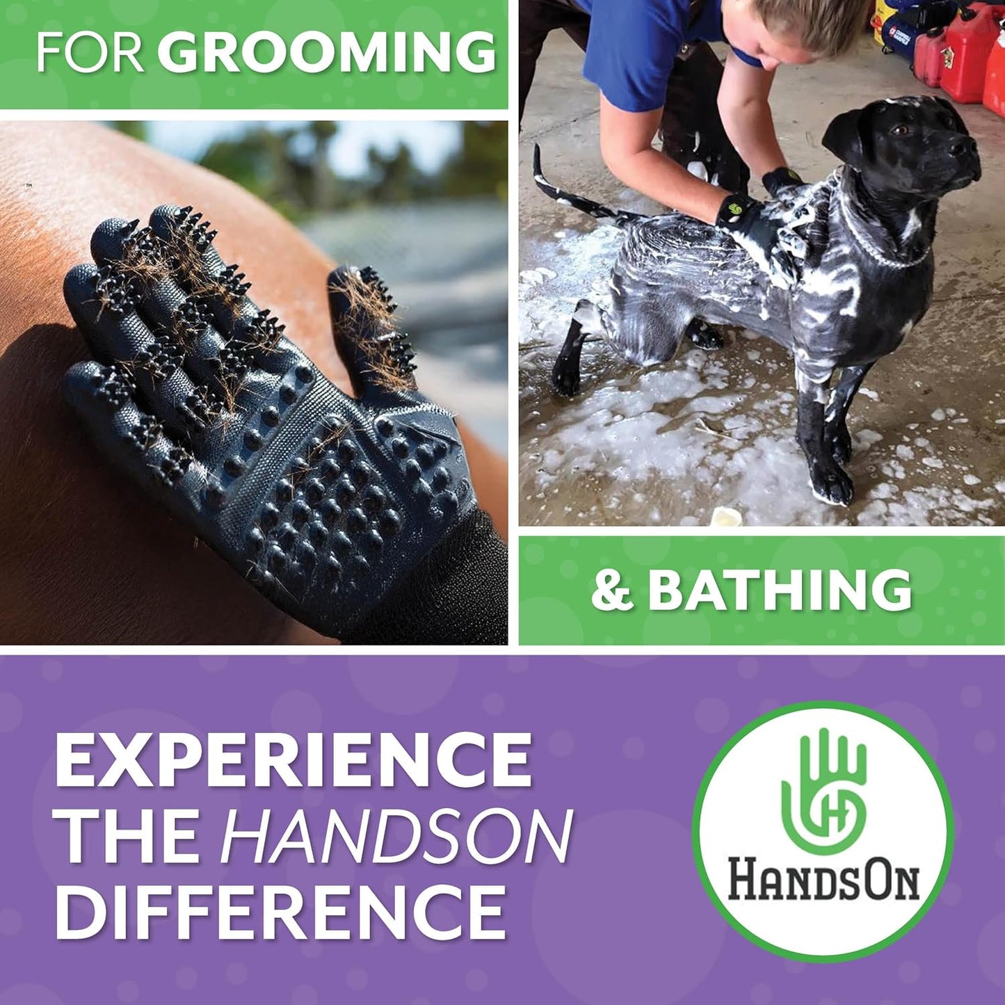 H HandsOn Pet Grooming Gloves - Patented #1 Ranked, Award Winning Shedding, Bathing, & Hair Remover Gloves - Gentle Brush for Cats, Dogs, and Horses (Black, Junior)