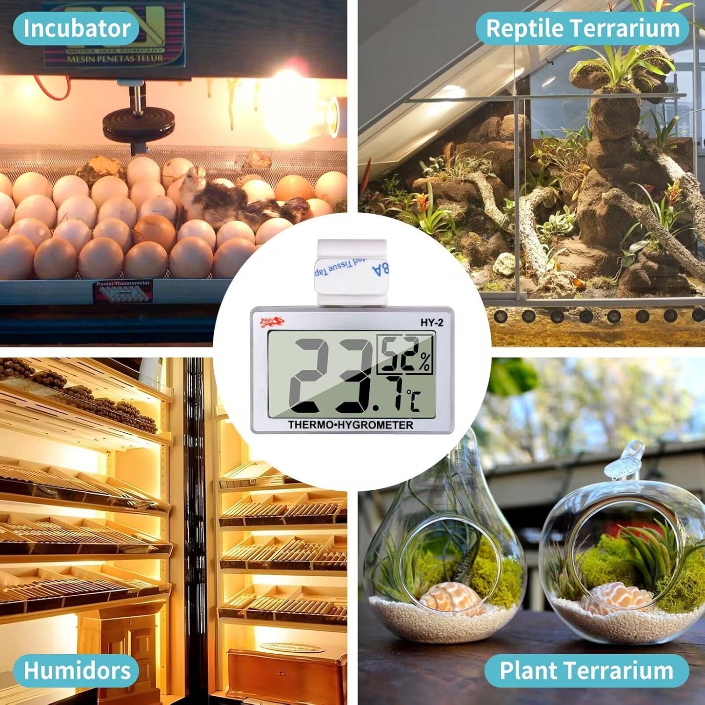 Digital Reptile Thermometer Hygrometer with Hook & Adhesive, LCD Display Temperature Humidity Gauge for Reptile Tanks, Terrariums, Bearded Dragon, Hermit Crab Accessories (-10℃~+50℃/20%-90% RH)