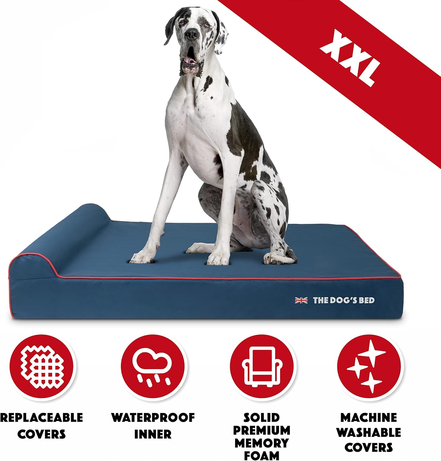 The Dog’s Bed Orthopedic Headrest Dog Bed XXL Blue Oxford with Red Trim UK Flag Dog Bed54x36, Memory Foam, Hip & Elbow Dysplasia, Post Surgery, Veterinary Approved, Waterproof Washable Cover