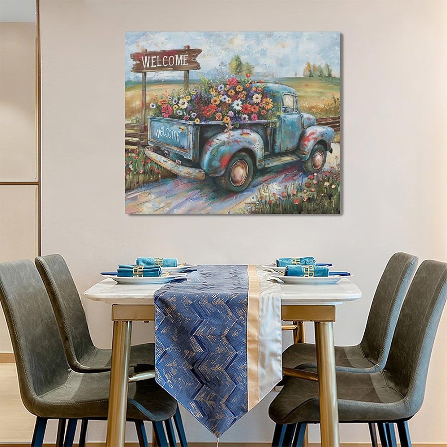 Farmhouse Truck Wall Art Rustic Country Wildflowers Wall Decor Road Flowers Landscape Pictures Canvas Print Painting Artwork for Bathroom Living Room Bedroom 20"x24"