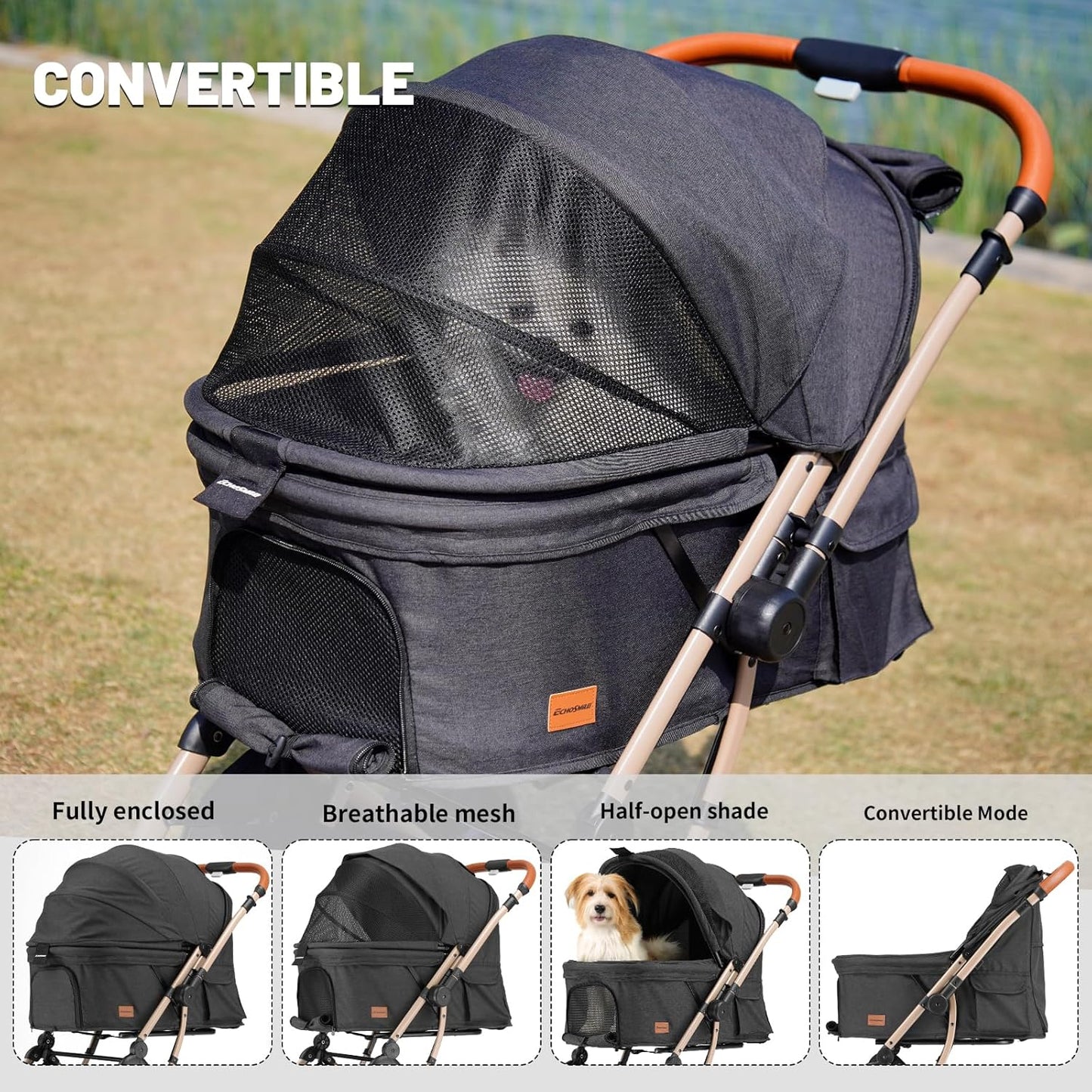 EchoSmile Small Medium Dogs Stroller 4-Wheel Pet Strollers for Medium Dogs Up to 50lbs, One Click Folding Large Cat Stroller, Reversible Handle, Shock Absorbing Wheels, Removable Washable Pad