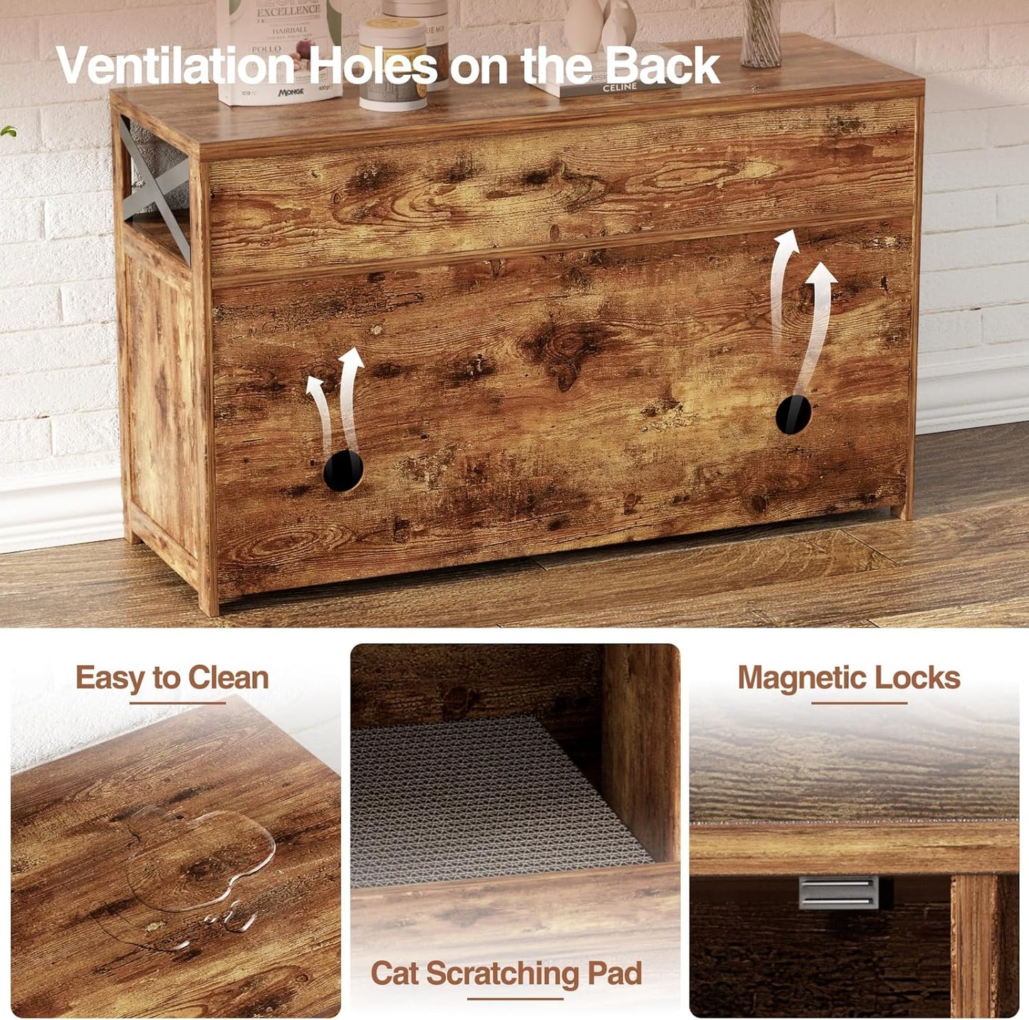 Cat Litter Box Enclosure for 2 Cats, 47" Double Hidden Litter Box Furniture with Scratch Pad, Farmhouse Indoor Litter Box Cabinet Cat Washroom, Rustic Brown