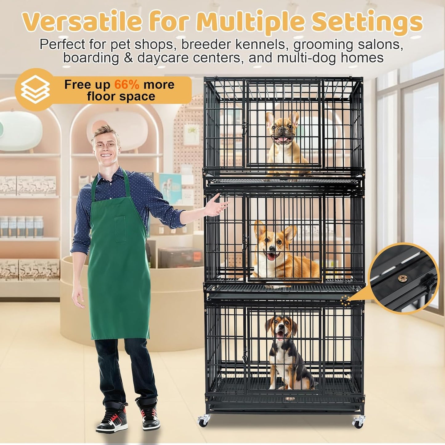 Stackable 36 Inch Dog Crate, Heavy Duty Indestructible Cage Escape Proof Collapsible Kennel with Open Top, Lockable Wheels, Removable Tray & Metal Grid for High Anxiety Medium/Small Dogs