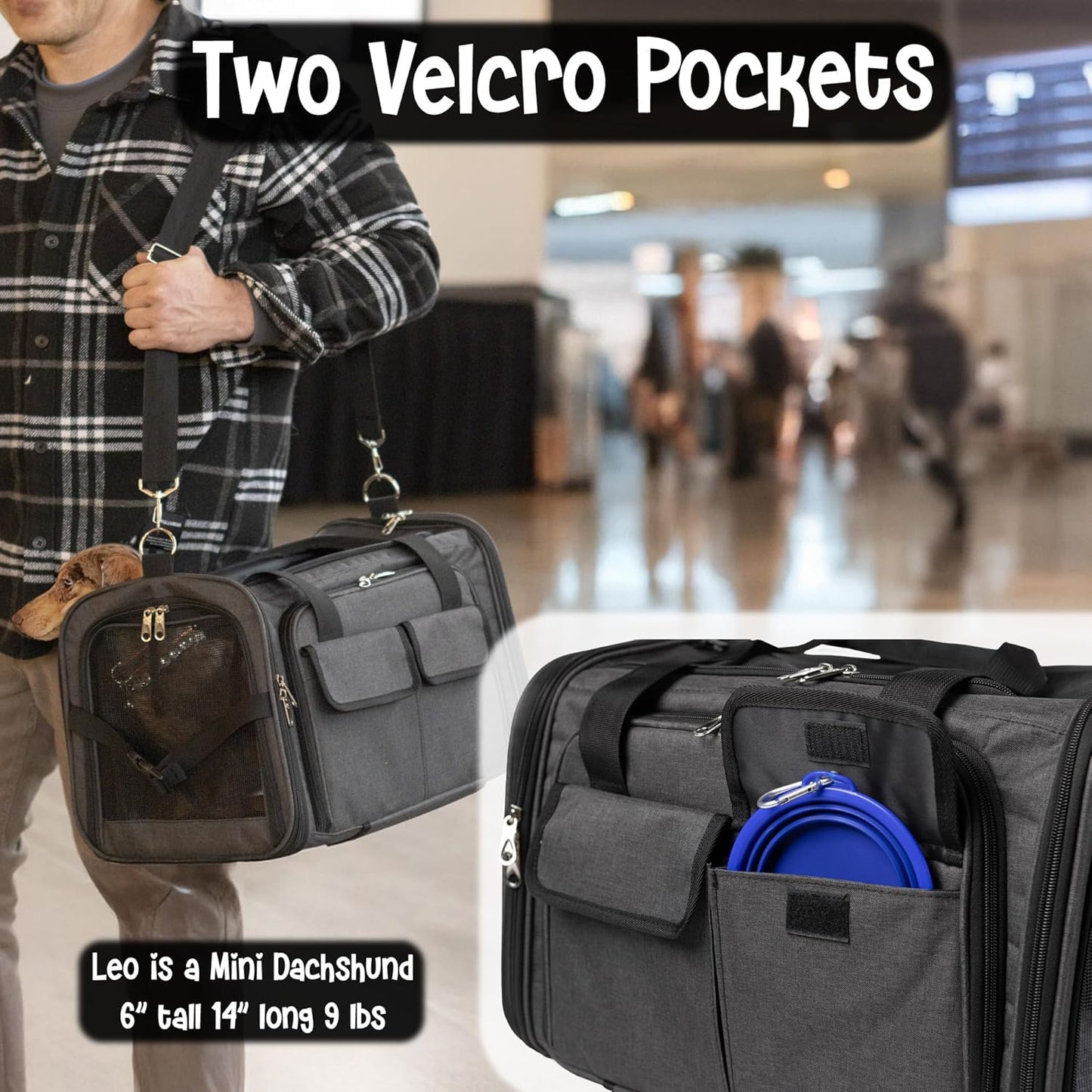 Pet Carrier with Wheels | United Delta American Frontier Airline Approved | Two Expandable Sides, Storage Pockets Adjustable Leash | Rolling Dog and Cat Carrier TSA Compliant (Charcoal)