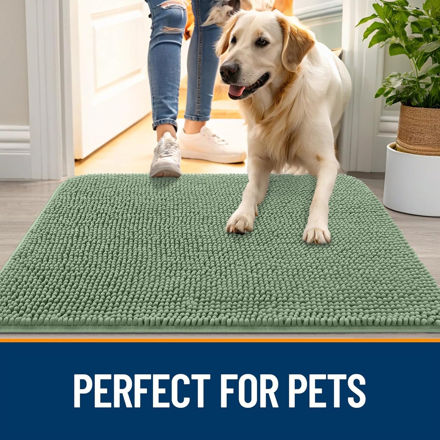 OLANLY Dog Door Mat for Muddy Paws 44x24, Absorbs Moisture and Dirt, Absorbent Non-Slip Washable Doormat, Quick Dry Chenille Mud Mat, Entry Indoor Entryway Carpet for Inside Floor, Olive Green