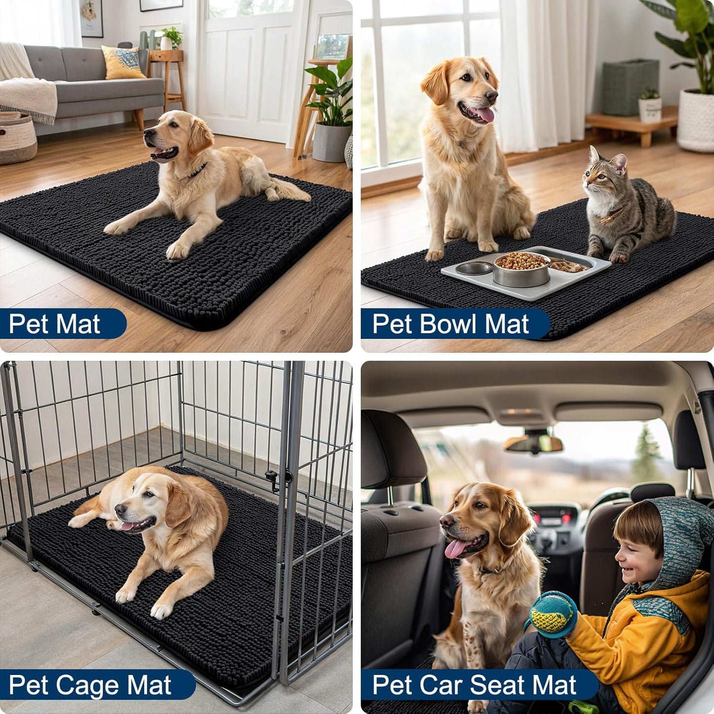 Smiry Dog Door Mat for Muddy Paws 59x35, Absorbs Moisture and Dirt Doormat, Non-Slip Washable Quick Dry Chenille Front Door Mat Indoor Entrance, Entryway Carpet for Inside Floor, Black