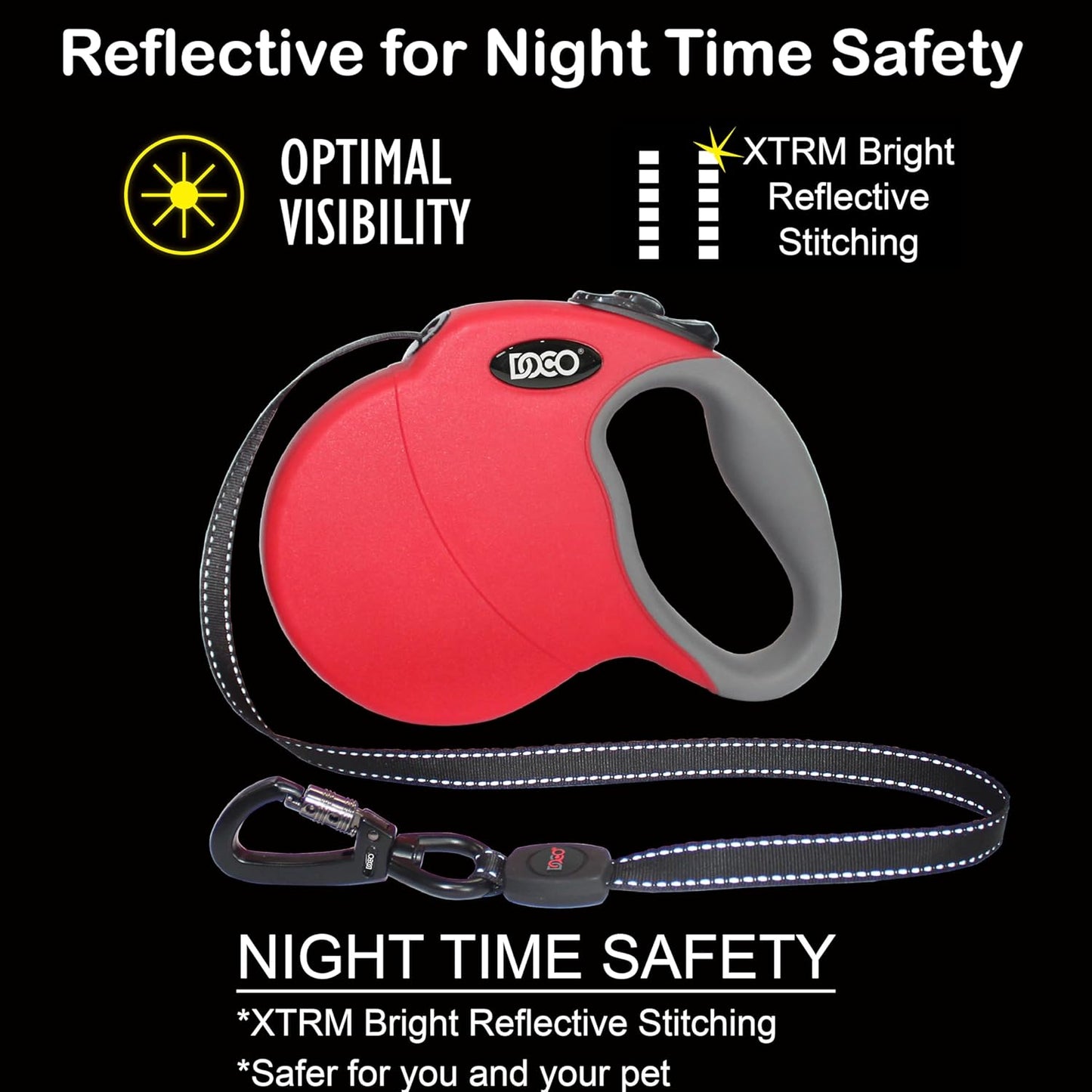 DOCO Retractable Dog Leash for Large Dogs (Length - 16’, Weight - Upto 110lb) Reflective Tape Lead with Stop and Lock Control, Tangle Free 360° Swivel Snap & Anti-Slip Grip (Red, Large)