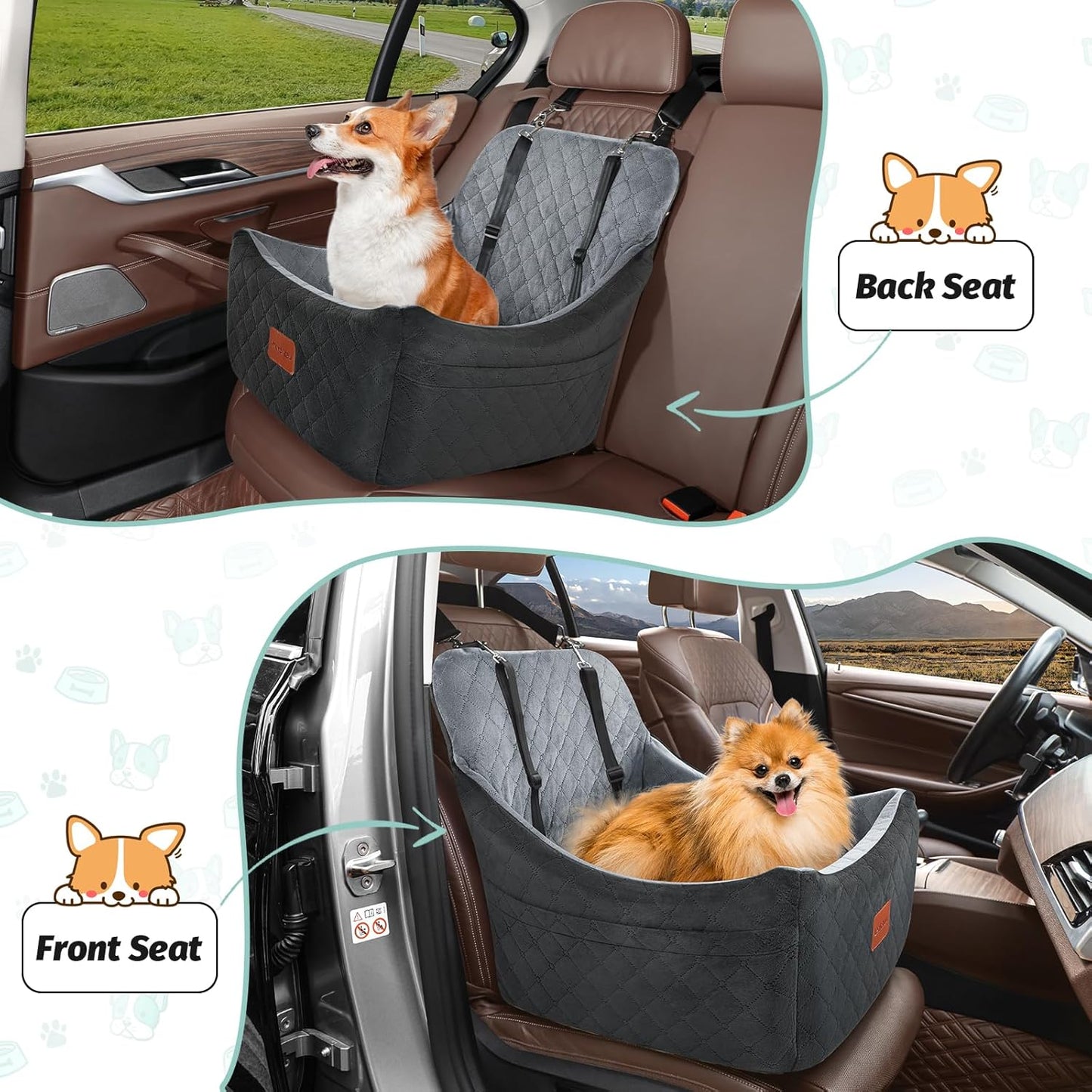Dog Car Seat for Dogs Up to 35lbs,Fully Detachable and Washable,Memory Foam Covered Soft Fabric,Easy to Install with Adjustable Straps,Anti-Slip Bottom,Two Side Pockets(Black/Grey,Medium)
