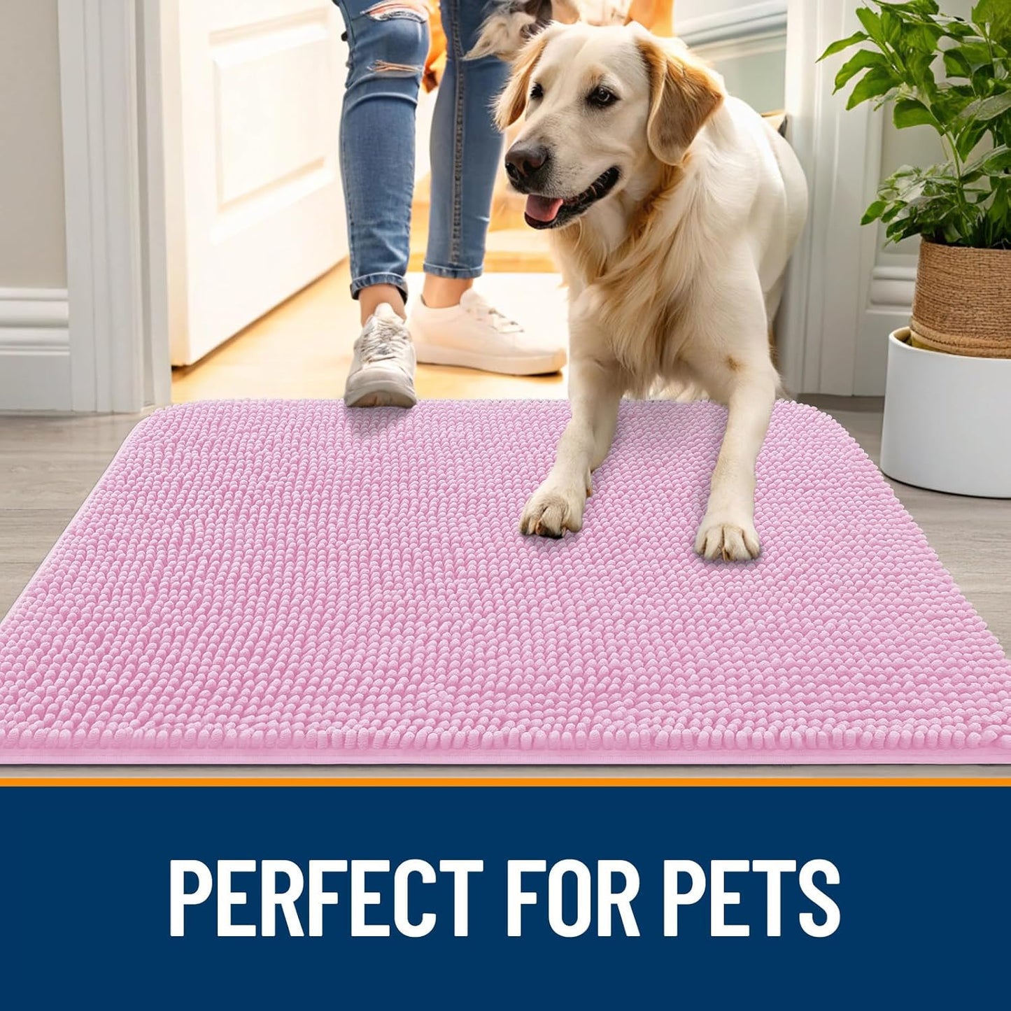 OLANLY Dog Door Mat for Muddy Paws 44x24, Absorbs Moisture and Dirt, Absorbent Non-Slip Washable Doormat, Quick Dry Chenille Mud Mat for Dogs, Entry Indoor Entryway Carpet for Inside Floor, Pink