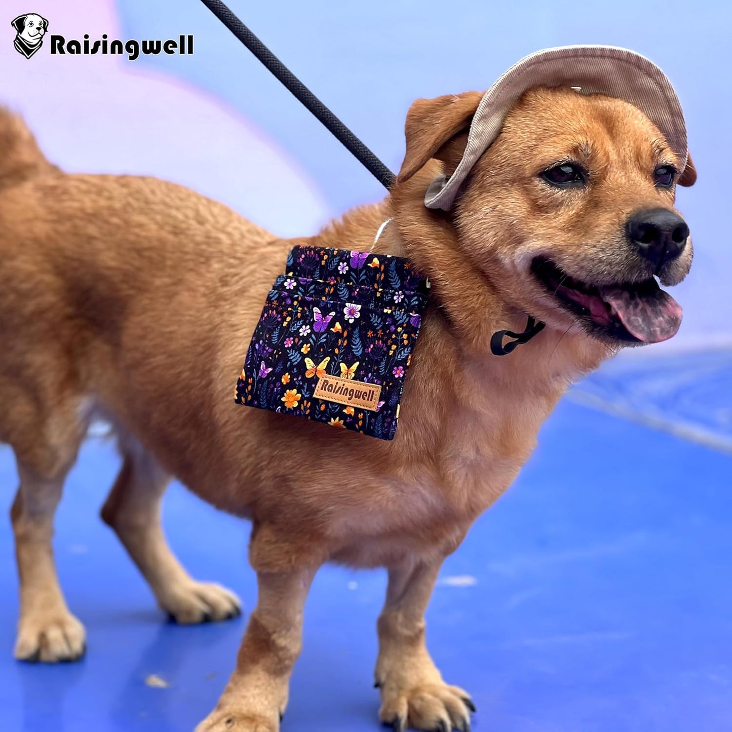 Dog Treat Pouch, Pocket Sized Pet Training Pouch, Cotton Fabric, Hand Free Purple Flower Dog Walking Bag with Carabiner, Self-Closing Pet Feed Snack Reward, for Puppy Travel or Outdoor Use