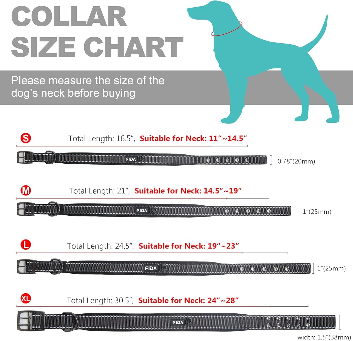 Fida Heavy Duty Dog Collar, Ultra Comfortable Soft Neoprene Padded, Adjustable Reflective Nylon Pet Collar with Durable Metal Belt Buckle for Medium Breeds (M, Black)