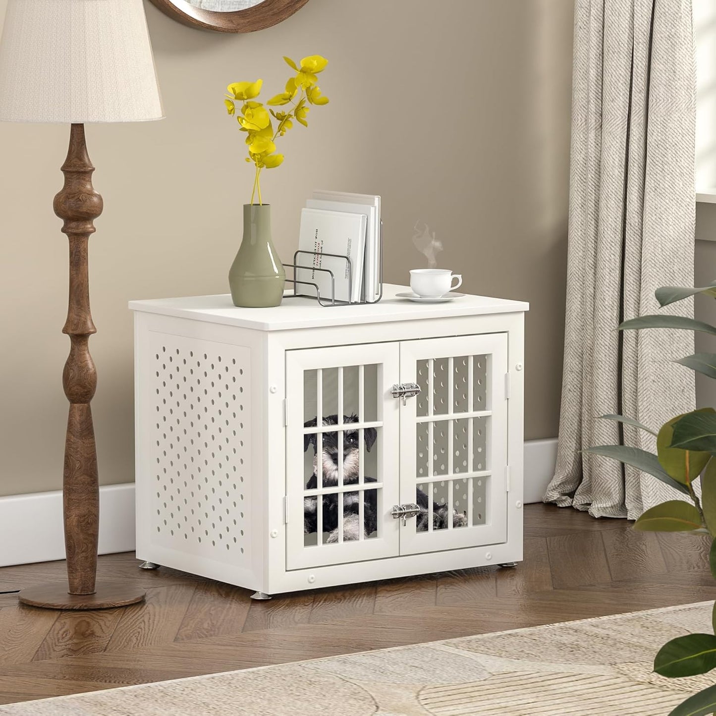 26" Heavy Duty Dog Crate Furniture for Small Dogs, Metal Kennel for High Anxiety Dogs, Chew Proof Pet Cage Indoor, Decorative Kennel End Table, White