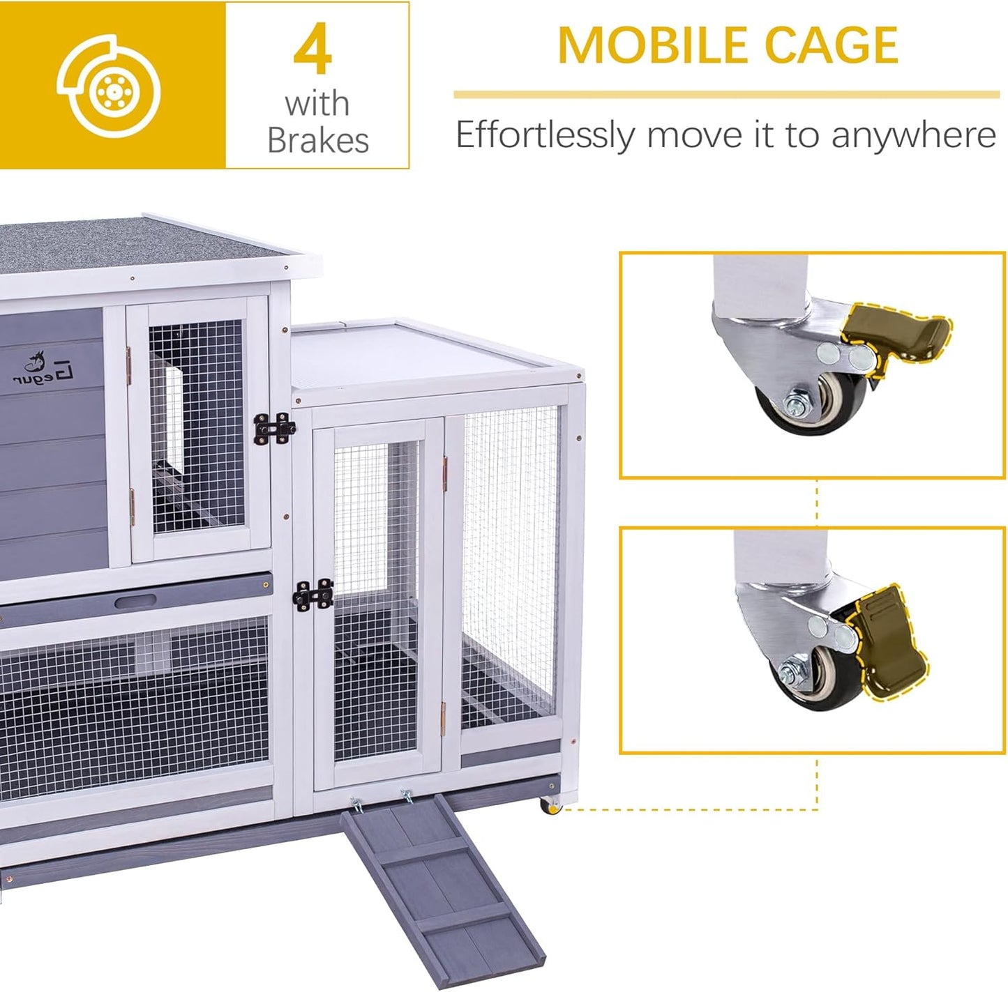 GEGURI Rabbit Hutch, Two-Story Indoor Bunny Cage, Outdoor Guinea Pig Cages for Small Animals with Wheels, Removable Tray