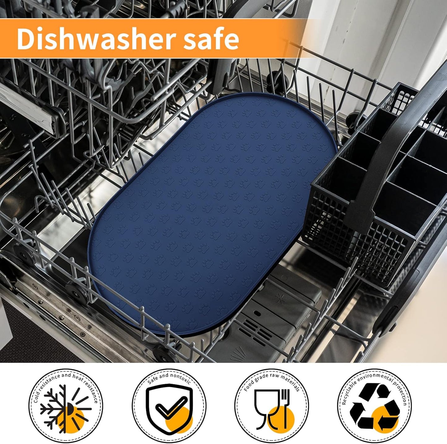 KPWACD Pet Feeding Mat for Dogs and Cats, Silicone Dog Placemat Non-Slip Waterproof Bowl Mats Prevent Food and Water Overflow, High-Lips Puppy Dish Tray Mat Suitable for Large Medium Small Pets, Navy