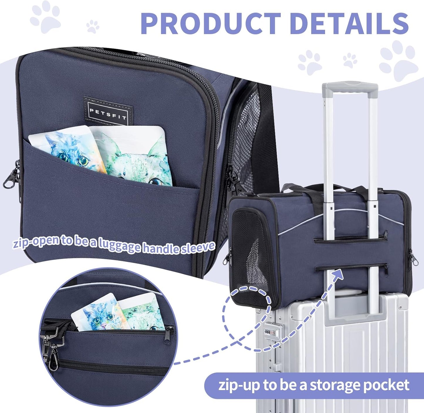 Petsfit Airline Approved Pet Carrier for Small Dogs & Cats, 19x9x12 TSA Approved Carrier, with Removable Dual-Sided Padding (2-Way Placement) - Fits Under Most Airplane Seats, Escape Proof (Navy)