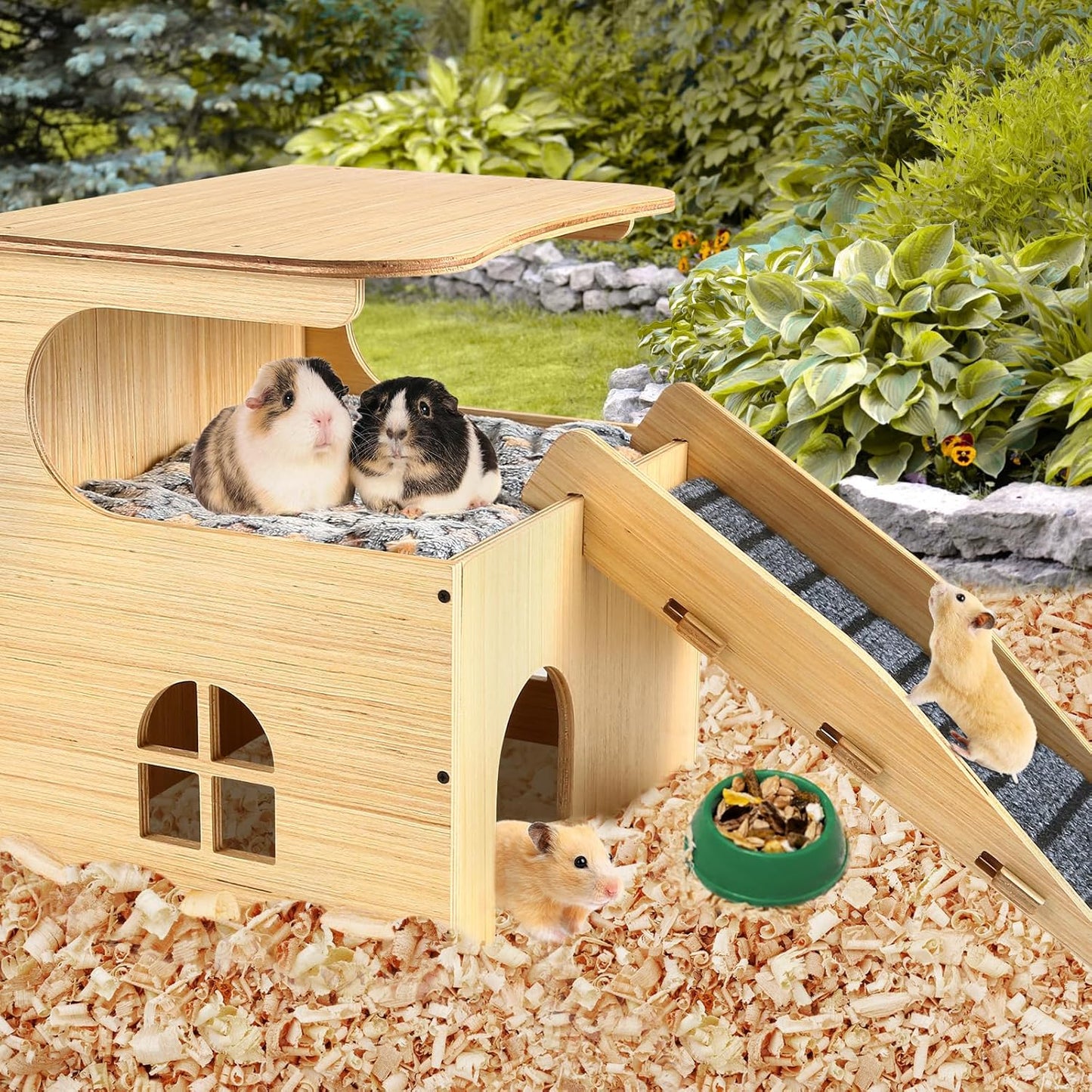 Wooden Guinea Pig Castle Hideout,Enlarged Guinea Pig Castle,Wooden Hamster House with Stairs & Mat,Long-Lasting Small Pet Bed for Piggies Chinchilla Rat Hamster Bunny