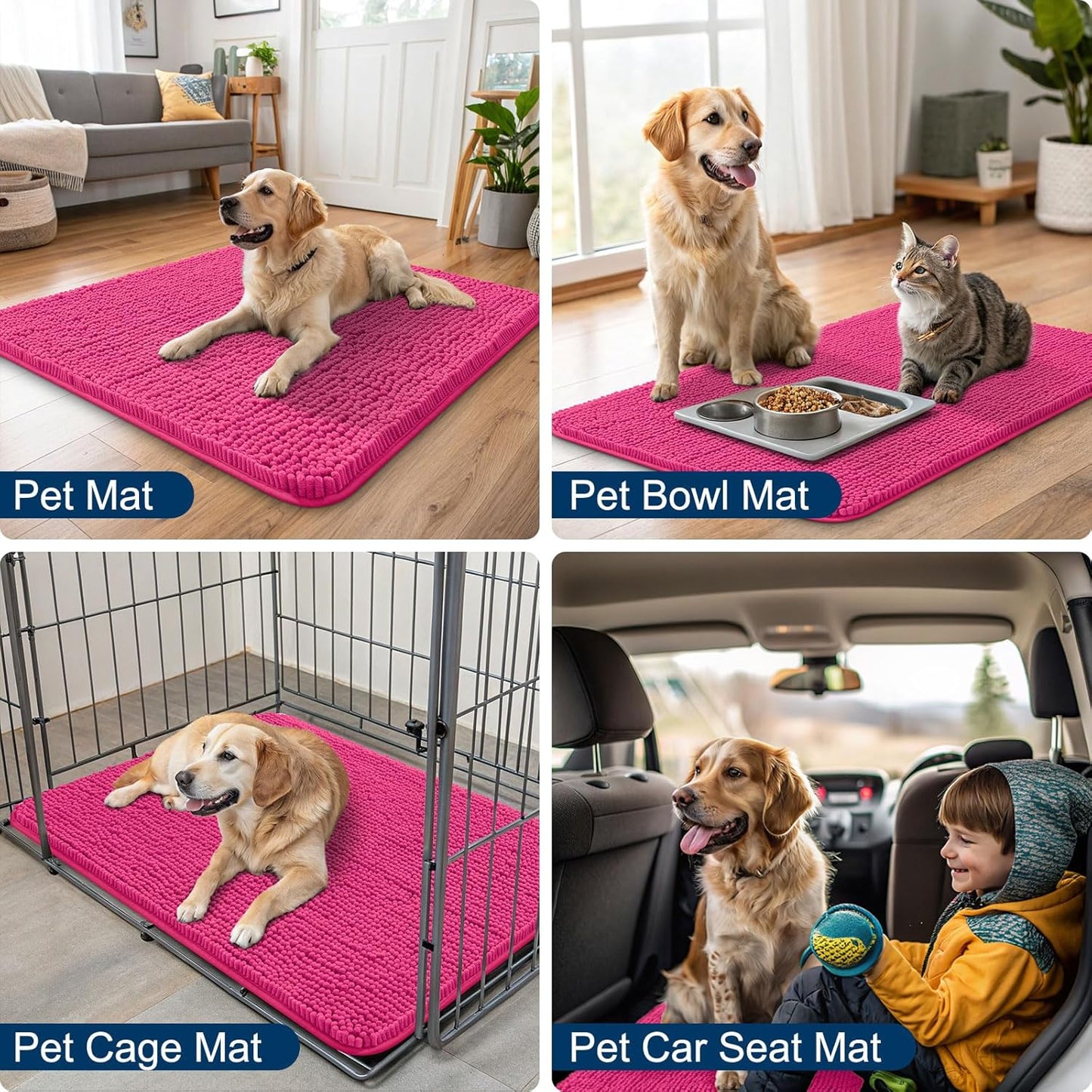 Smiry Dog Door Mat for Muddy Paws 48x30, Absorbs Moisture and Dirt Doormat, Non-Slip Washable Quick Dry Chenille Front Door Mat Indoor Entrance, Entryway Carpet for Inside Floor, Hot Pink