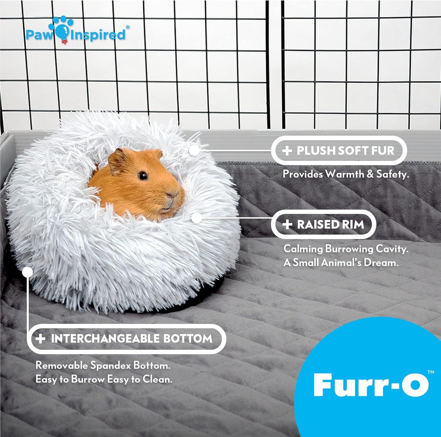 Paw Inspired Furr-O Burrowing Pet Bed with Zip-On Spandex and Fleece Bottoms for Guinea Pigs and Other Small Animals, Cozy Carrier, Hideout Enrichment Toy, Cage Accessories (Light Gray)