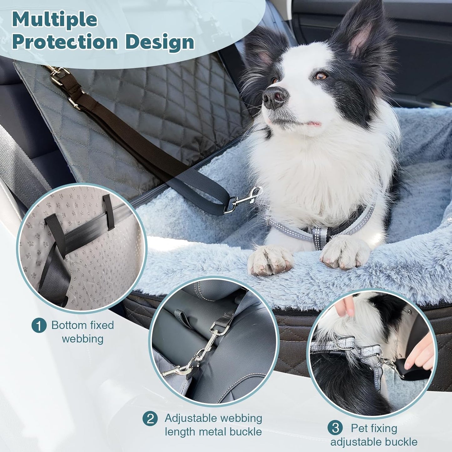 Dog Car Seat for Large/Medium Pet, Anti Slip Bottom Dogs Booster Seat for All Seasons,Pet Travel Bed with Thick Dog Sofa Cushion,2 Safety Leashes(Black)