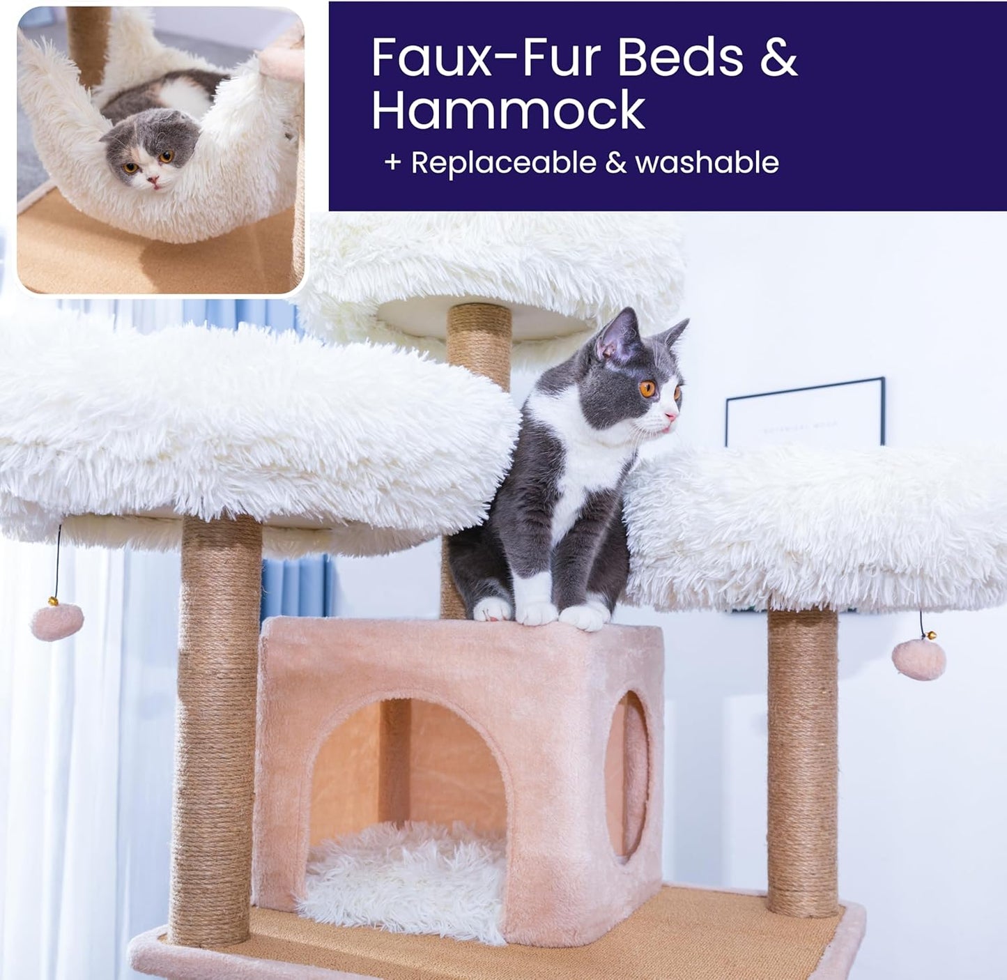 Catry 74.5" High 7-Level Extra Large Cat Tree with 2 Condos,2 Hammock,3 Washable Top Beds, Scratching Ramp Pad, Replaceable Scratching Posts, for Multi-Cat Homes (Light Brown &White)