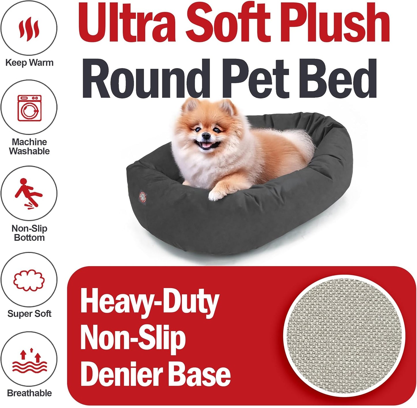 Majestic Pet 24 Inch Suede Shredded Memory Foam Mix Calming Small Dog Bed Washable 24 x 19 x 7 (Inch) - Cozy Soft Round Donut Dog Bed with Spine for Head Support - Pet Bed Gray
