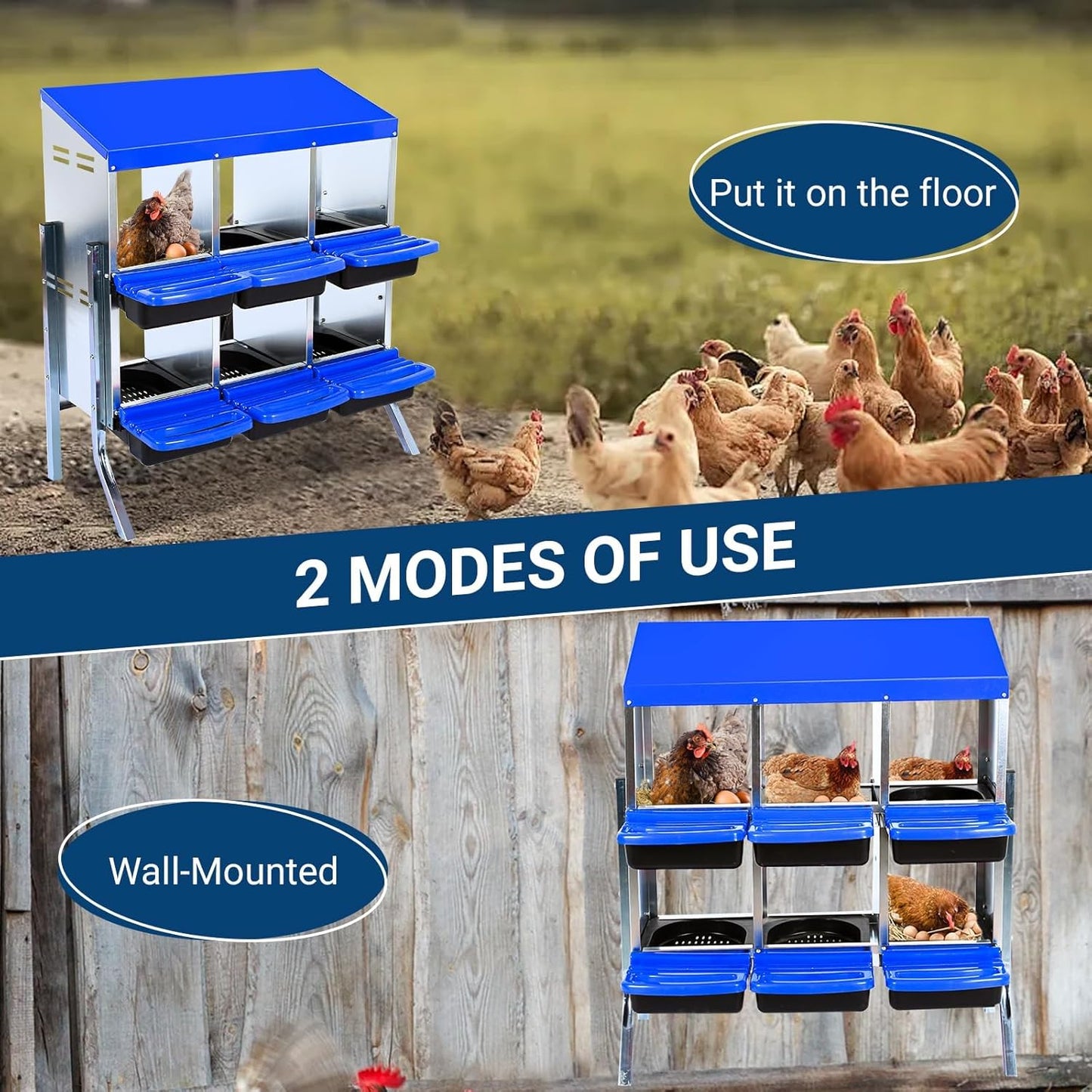 Chicken Nesting Box, 6 Hole 2 Layer Hen Nest Boxes with Legs, Roll Away Eggs Laying Boxes,Cleanable Pull Out Hen Roosting Boxes