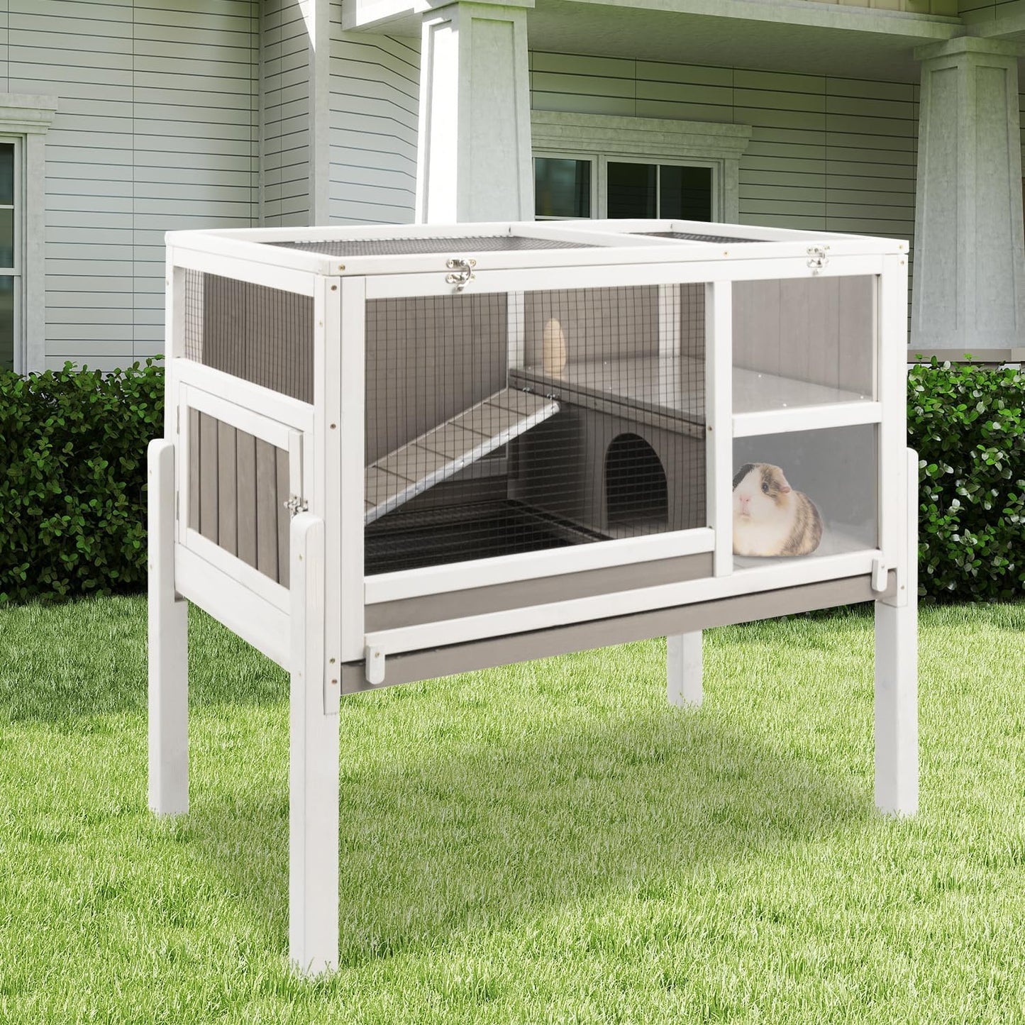 Guinea Pig Cages Hamster Cage Indoor with Stand, Chew Proof Rabbit Cages Habitat for Small Animals with Pull Out Tray, Detachable Legs, Large Guinea Pig House with Ramp, Hideout