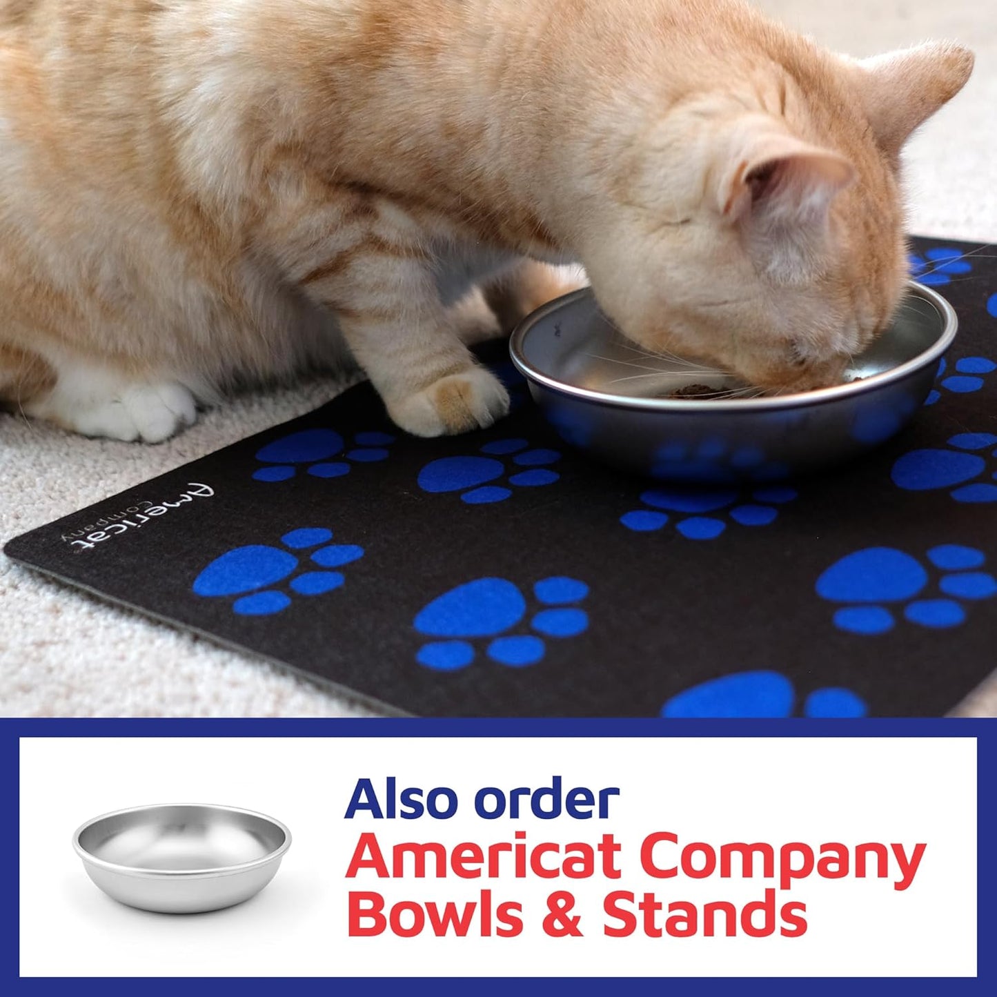 Americat Cat Feeding Mat Machine Washable, Waterproof, No-Slip Cat Placemat Protect Floors from Messy Eaters & Drinkers 16 x 12 Inches (Paw Prints)