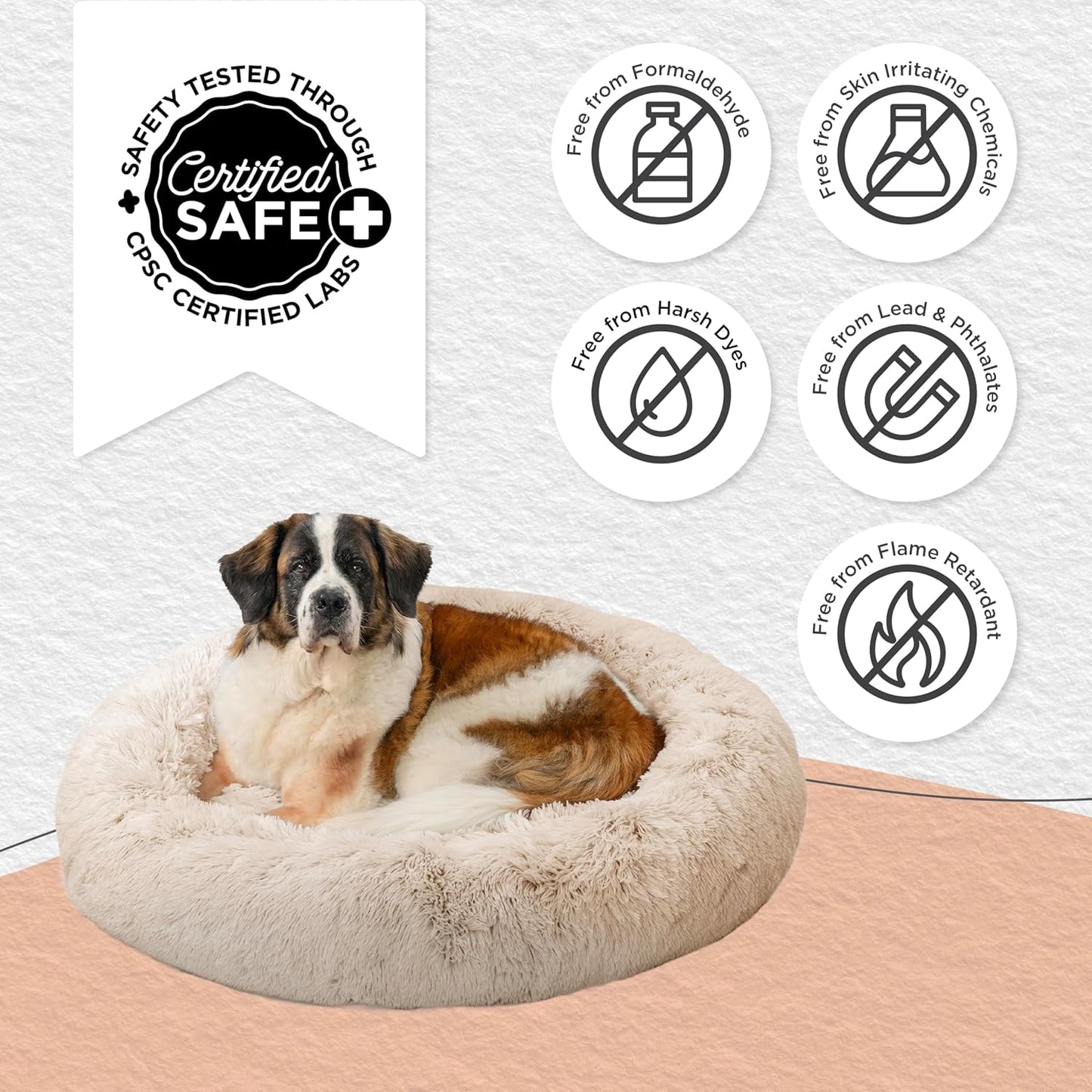 Best Friends by Sheri Original Calming Donut Dog and Cat Bed, Shag Faux Fur, Taupe, XL (45in x 45in) - Anxiety Relief for Pets Up to 150 lbs