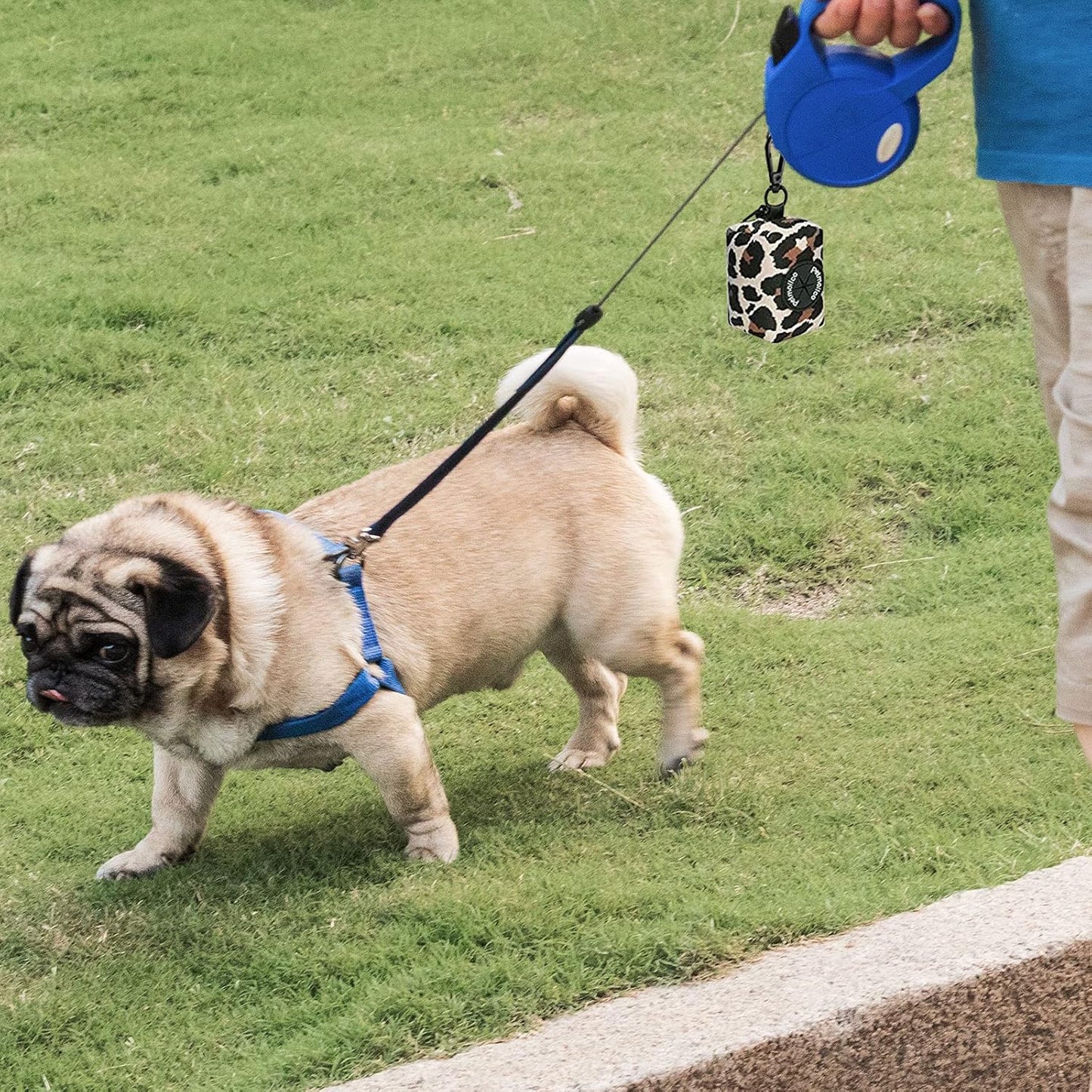 Petmolico Dog Poop Bag Holder Leash Attachment, Waste Bag Dispenser Zippered Pouch, Fits Any Leash, Includes Free Roll of Bags, 2 Pack - Leopard