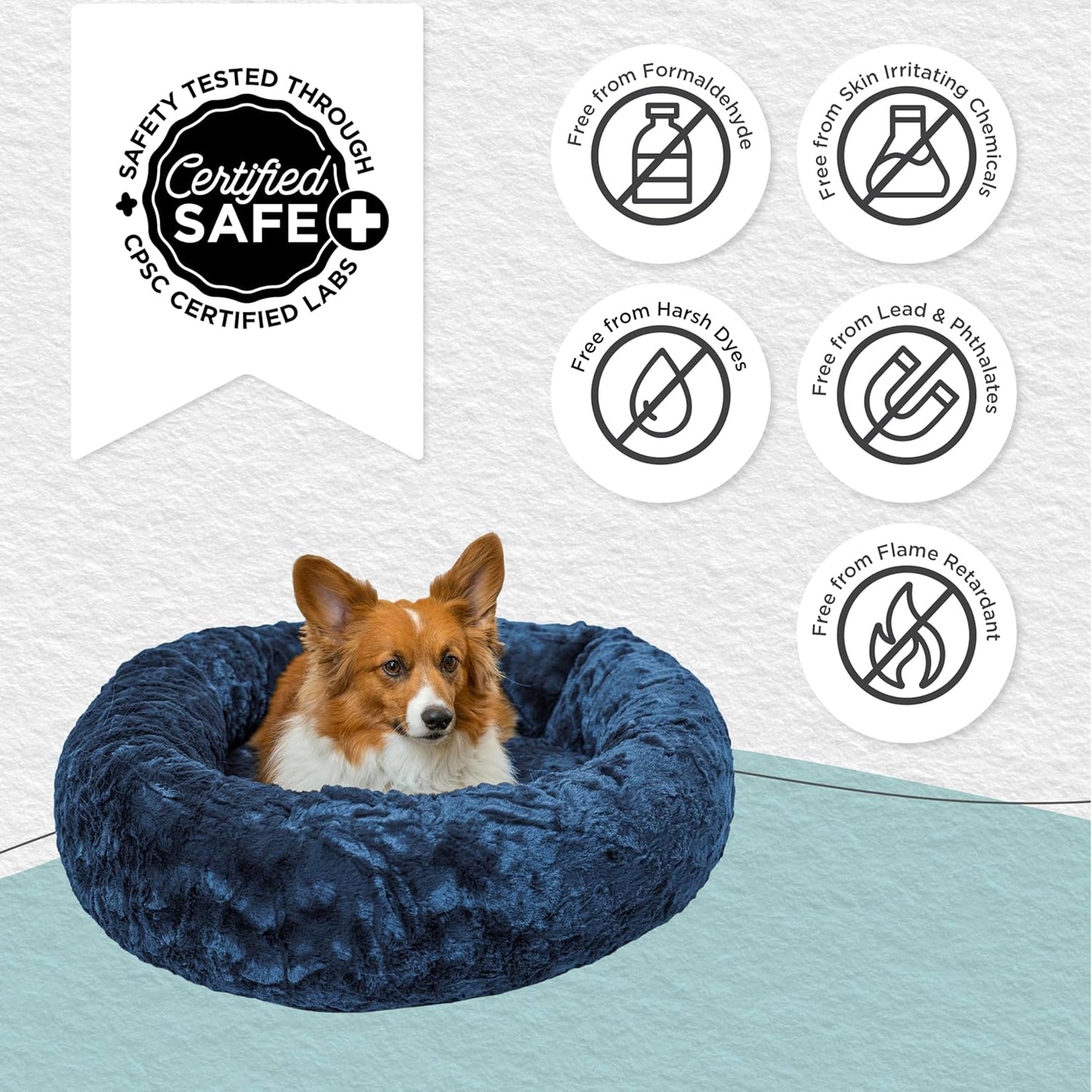 Best Friends by Sheri Original Calming Donut Dog and Cat Bed, Lux Faux Fur, Navy Blue, (30in x 30in) - Anxiety Relief for Pets Up to 45 lbs