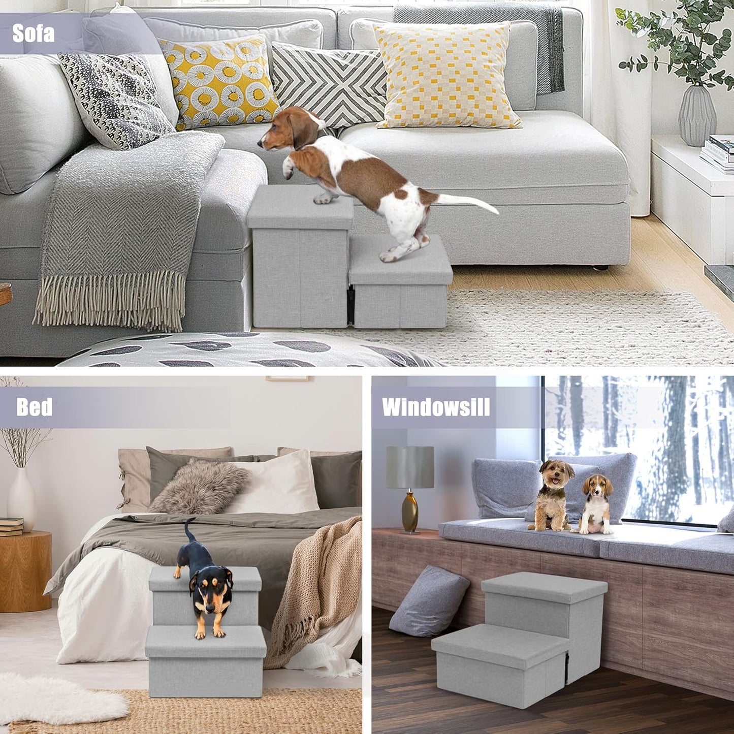 Heeyoo Dog Stairs with Storage, Foldable Dog Steps for Small Dogs, 2 Tiers Non-Slip Pet Stairs for High Beds Or Couch and Sofa, Hold up to 150 lbs Pet Doggy Cat