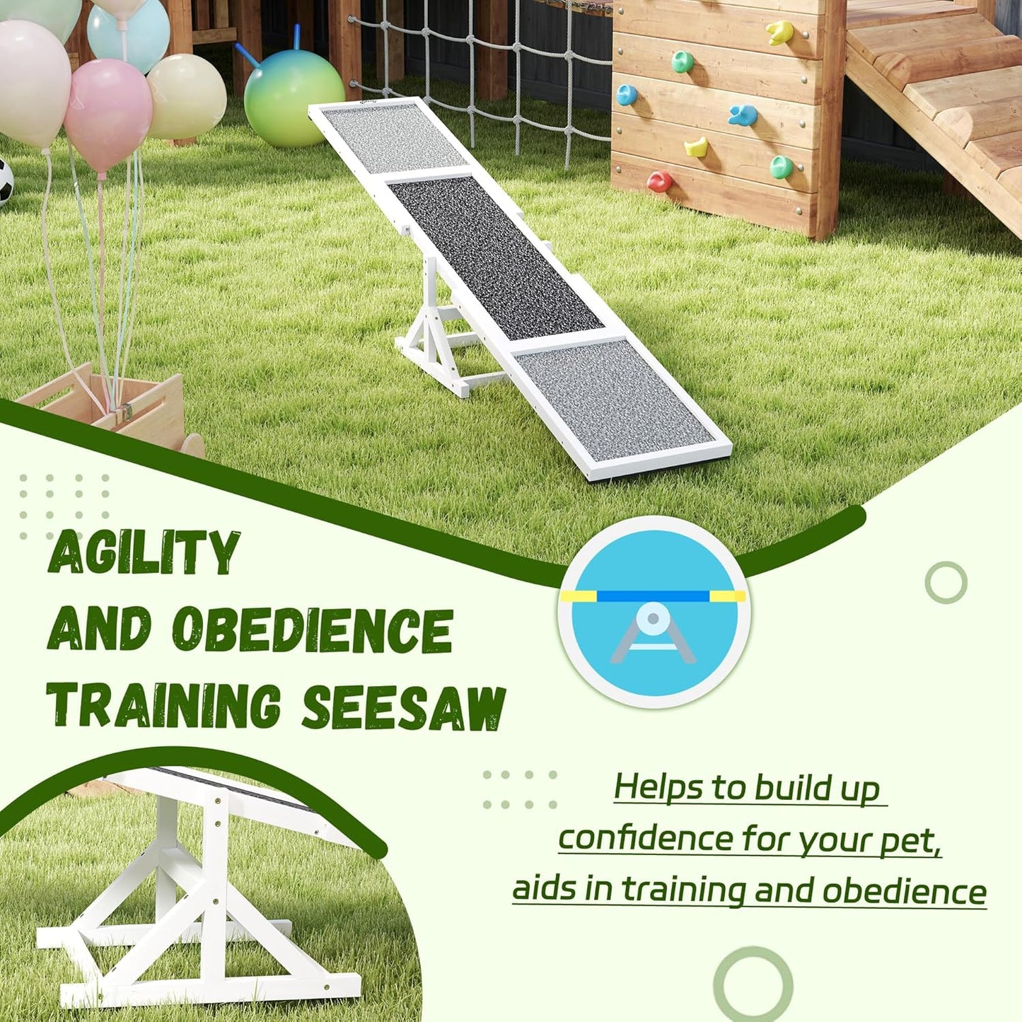 PawHut Wooden Dog Agility Seesaw for Training and Exercise, Platform Equipment Run Game Toy, Weather Resistant Pet Supplies, 83" L x 16" W x 14" H, White
