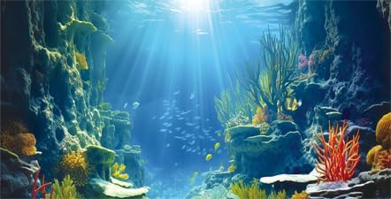 72X18IN Blue Sea Floor Aquarium Background, Natural Underwater World 3D Effect Fish Tank Decorations Background, Art Terrarium Background with 8 EVA Double-Sided Tape