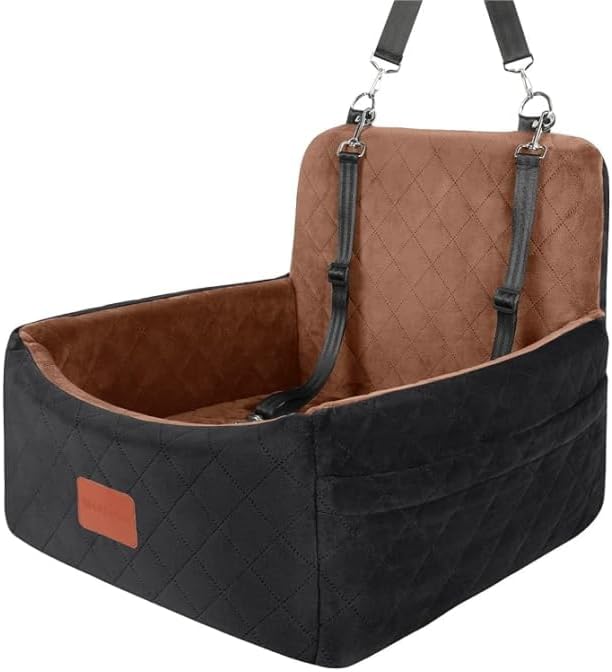Dog Car Seat for Small Dogs Under 30lbs,Ultra Soft Fabric & Memory Foam Pet Travel Car Bed,Washable & Detachable,Anti-Slip Bottom,2 Storage Pockets and Safety Tethers(Black/Brown)