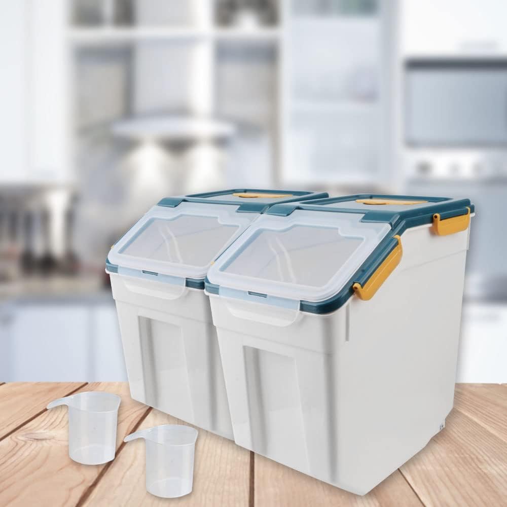 AnRui Airtight Flour Storage Container 25lb, Plastic Grain Storage Bucket, Rice Cereal Dispenser Organizer Box with Lid, Cat Dog Food Storage Bin with Measuring Cup, Scoop, Wheels, 2Pcs Blue