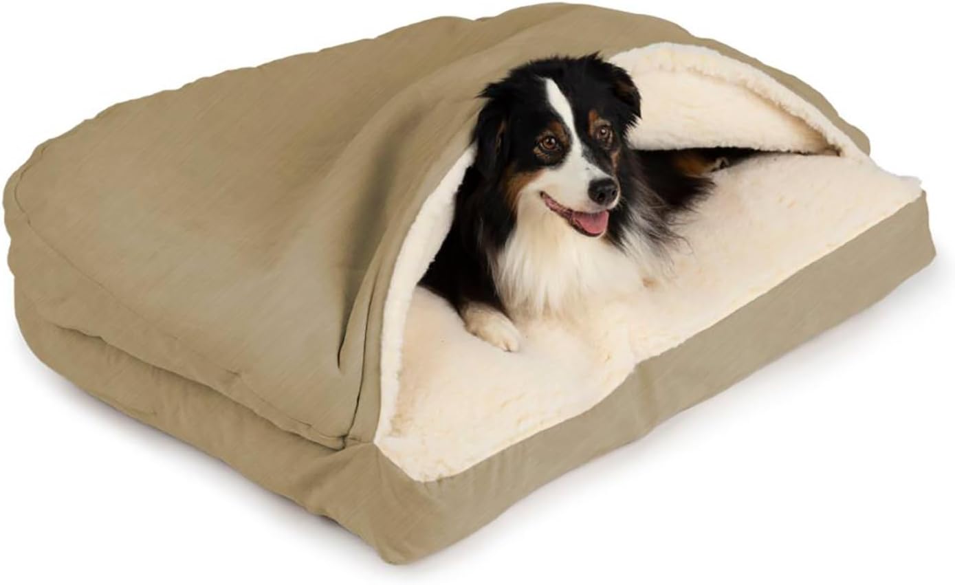 Snoozer Rectangle Cozy Cave Dog Bed - Indoor Dog Bed with Cover Cave, Covered Calming Burrow for Medium & Large Sized Pets with Blanket Attached, Enclosed, Washable - Large, Khaki