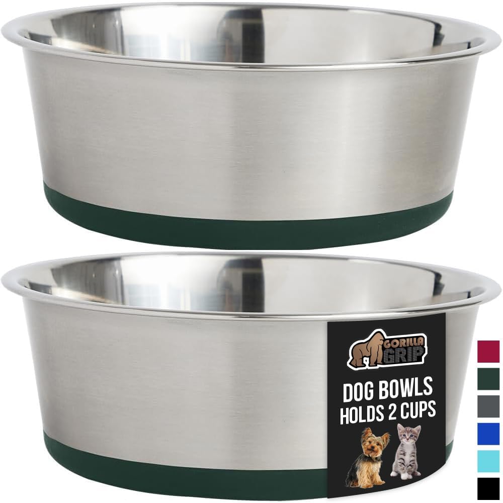 GORILLA GRIP Set of 2 Dog Bowls, Heavy Duty Metal Food and Water Bowl for Feeding Dogs and Cats, Dishwasher Safe, Rust Resistant Stainless Steel, BPA Free Rubber Base, Holds 2 Cups (16 fl oz), Green