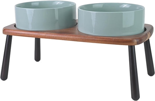 SPUNKYJUNKY Ceramic Elevated Dog Bowls Raised with Acacia Bamboo Wooden Stand, 8.3'' Dog Food Water Bowls Set Non-Slip for Medium Large Sized Breed Microwave Dishwasher Safe - 60 OZ,Light Green