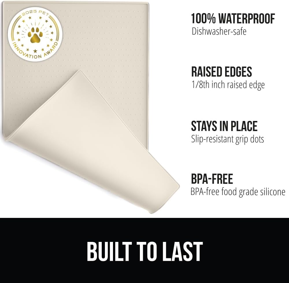 GORILLA GRIP 100% Waterproof Raised Edge BPA Free Silicone Pet Feeding Mat, Dog Cat Food Mats Contain Spills Protects Floors, Placemats for Cats and Dogs Water Bowl, Pets Accessories 32x24 Cream