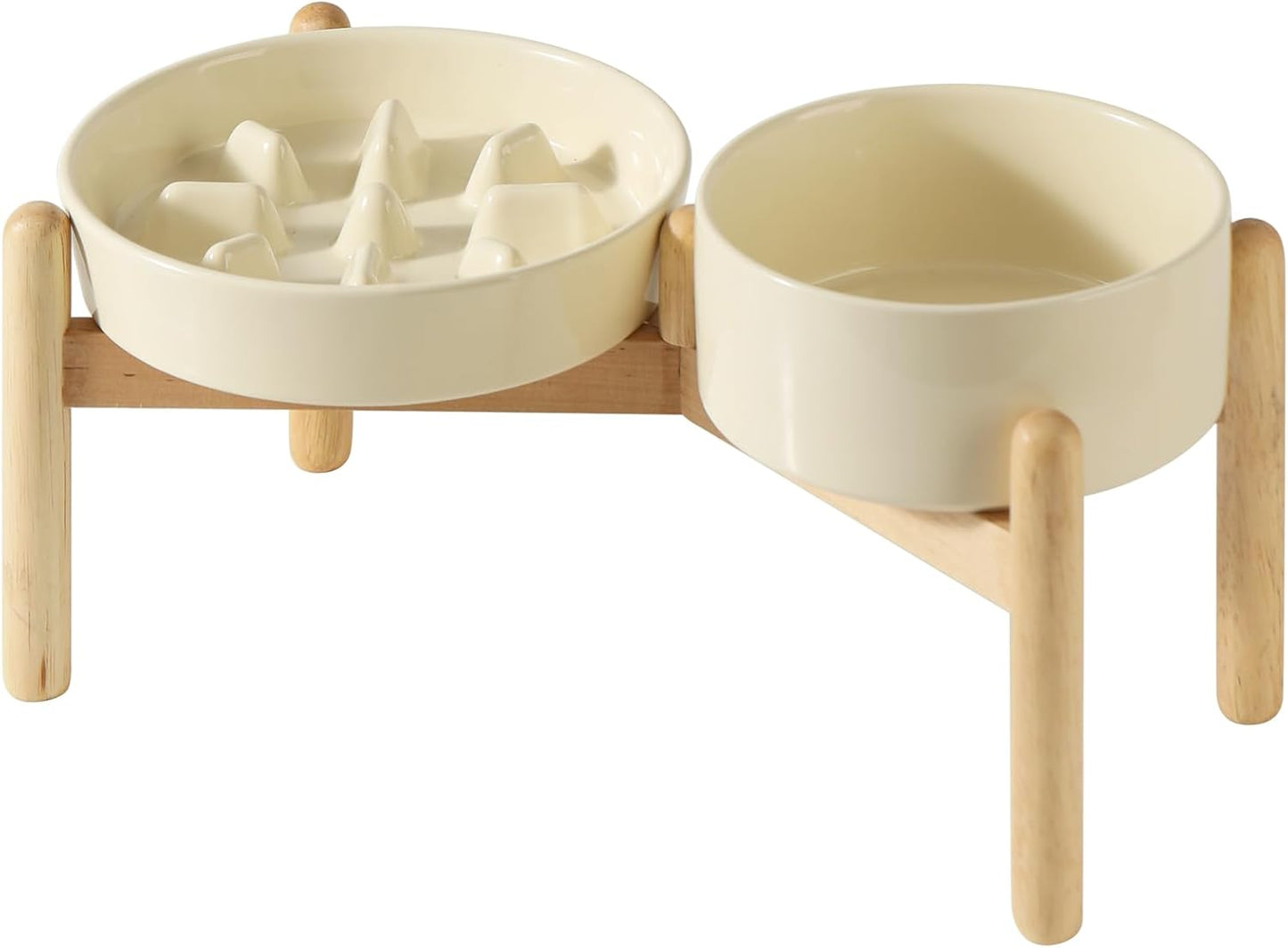 Ceramic Raised Slow Feeder Dog Bowl Set, Elevated 6.1inch Bowl and 7.3inch Slow Pet Food Dish with Wooden Stand for Small and Medium Dog (2 x Beige+ Stand)