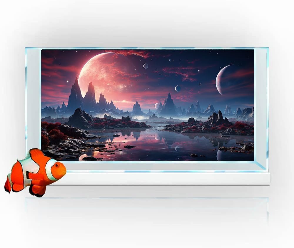 72X18IN Cosmic Spaceterrarium Background, Cool Parallel Space Themed Aquarium Reptile Habitat Background, Red Moon Aquarium Background with 10EVA Double-Sided Tape