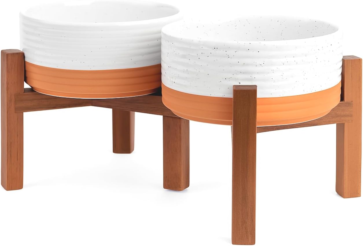 SPUNKYJUNKY Ceramic Elevated Dog Bowl Set with Acacia Wood Stand for Food and Water for Small Medium Sized Dog (28.74 OZ, White and Reddish Brown)