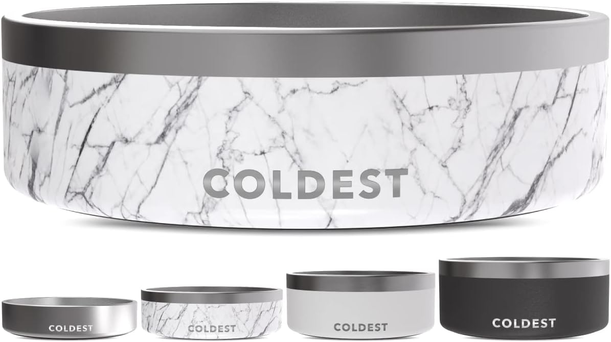 Coldest Dog Bowl - Anti Rust Metal & Non Slip Dog Bowls Large, Spill Proof Heavy Duty 3 Layers Insulated Dog Bowl - Food and Water Bowl for Dogs, Cats & Pets, Dishwasher Safe (42 oz, Carrara Marble)