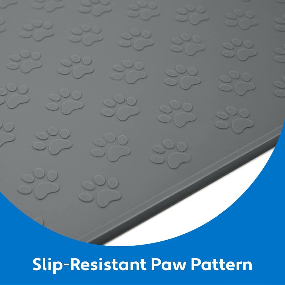 MIGHTY MONKEY 100% Waterproof Dog Food Mat, Raised Edges Silicone Pet Feeding Placemat for Cat, Dogs, Pet Bowls, High Lipped Tray Prevents Water Spills, Food on Floor, Dishwasher Safe, 18x12, Gray