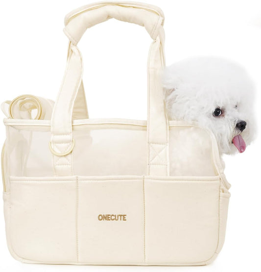Dog Purse Carrier for Small Dogs Rabbit cat with Large Pockets, Cotton Bag, Dog Carrier Soft Sided, Collapsible Travel Puppy Carrier (Beige Breathable, 17.0" L x 7.5" W x 12.0" H)