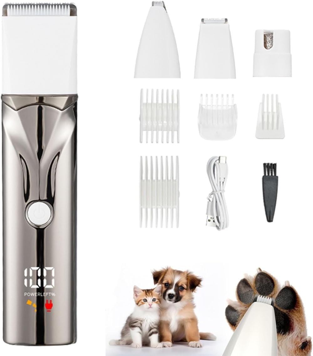 Dog Grooming Kit with LCD Display, 4 in 1 Dog Hair Trimmer for Paw Nail Grinder, Rechargeable Cordless Pet Cat Clippers, Professional Pet Paw Trimmer Nail Grinder Low Noise. Gray