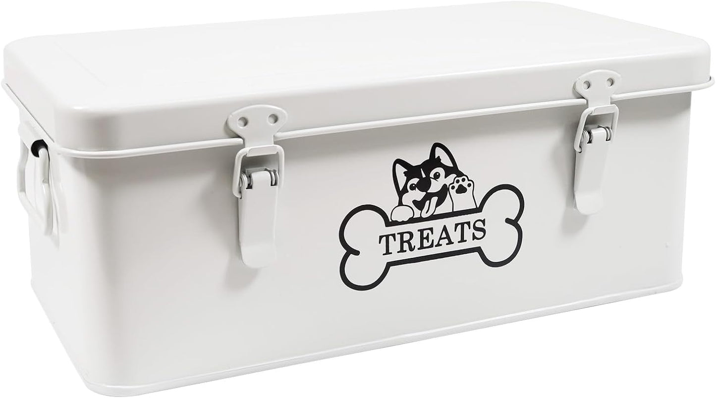 Metal Dog Treat Container,Dog Treats Storage Box with Lid,White Pet Food Bin with Dividers,Rectangular Dog Cat Treats Organizer,Ideal for Sort,Great Gift for Pet Owners